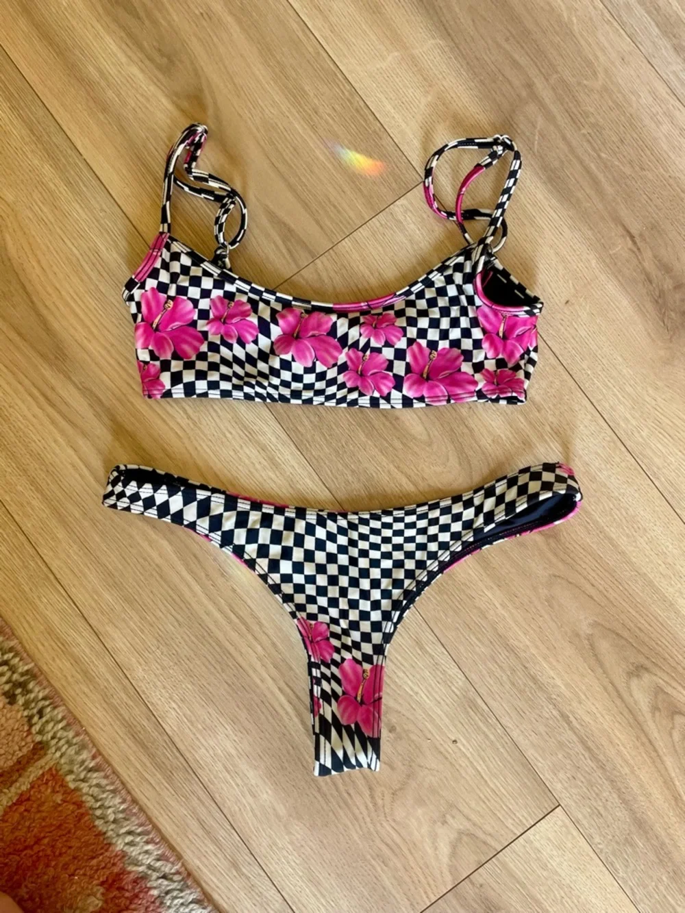 Frankie's Bikinis Black & White Checkerboard Bikini with Pink Hibiscus 🌺